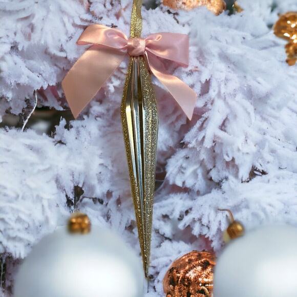 6 Gold Glittering Spears Christmas Tree Ornaments Satin Bow 7 in - Picture 2 of 4